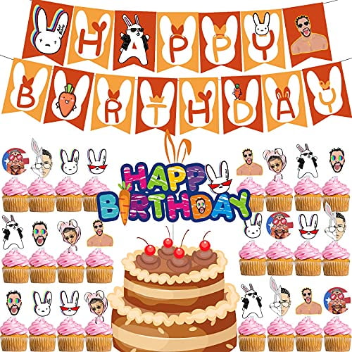 SMILEFUN Bad Bunny Party Birthday Party Decorations, Party Supplies Include Banners Cake Toppers (Bunny) - Walmart.com